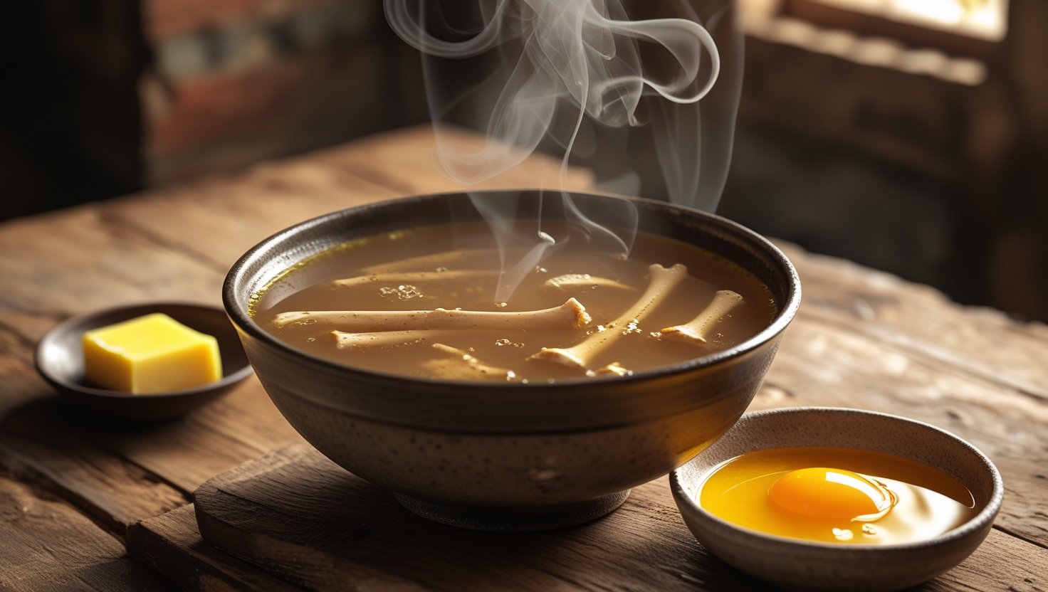 GAPS intro diet stage 2 recipes healing stew with ghee and egg yolk in warm rustic setting.