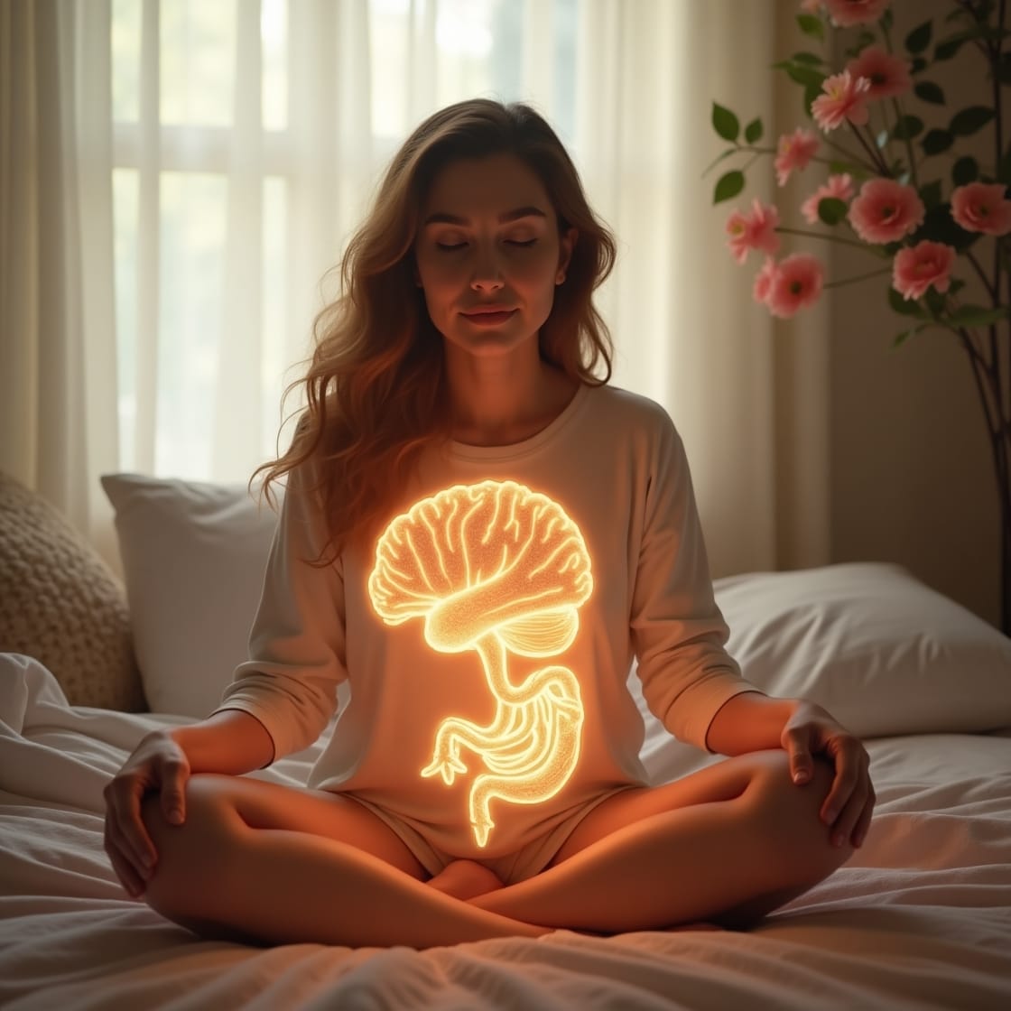 Highly Sensitive Person Microbiome Visual – Woman Balancing Emotions Through Gut Health.