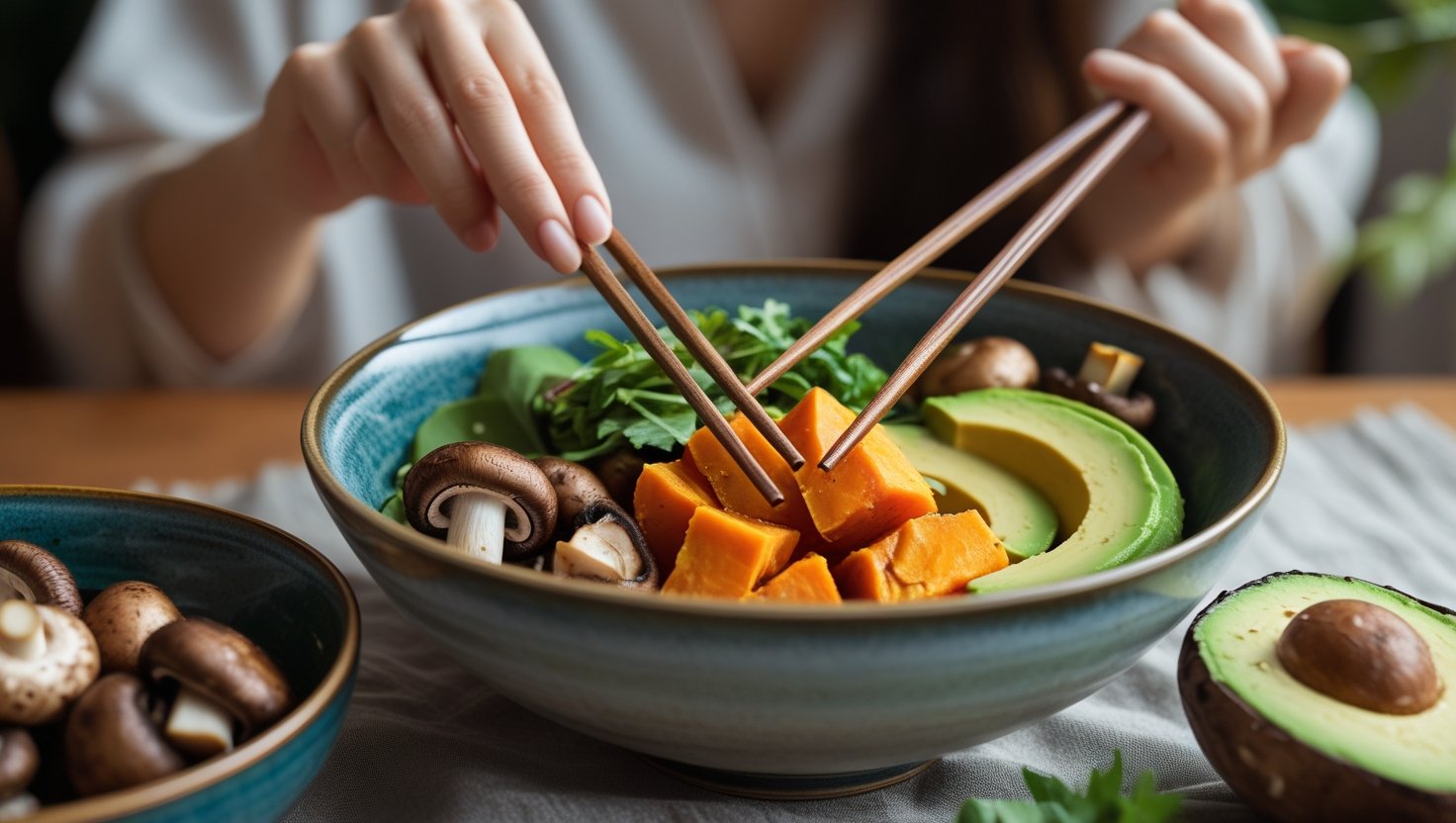 Low-glutamate diet for anxiety Buddha bowl with sweet potato and avocado