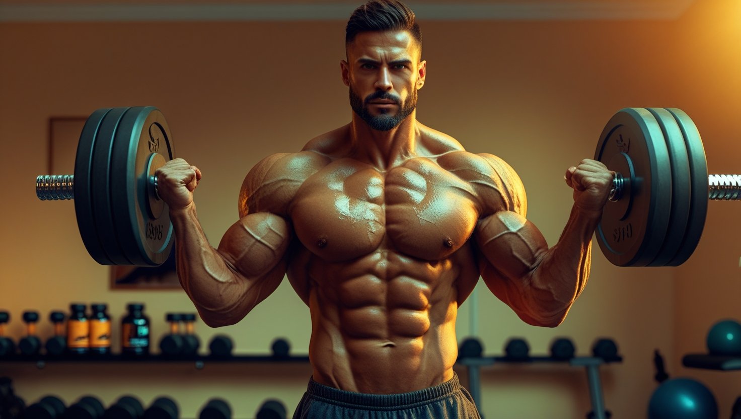 Natural Testosterone Booster Man Lifting Weights Confidently – Sync Testosterone Booster On Shelf – Natural Muscle Boost – Strong Male Energy