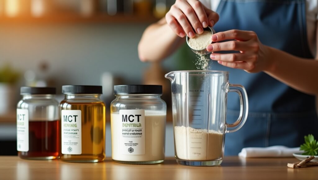 Preparing elemental diet homemade recipe for SIBO using MCT oil and hydrolyzed protein.