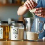 Preparing elemental diet homemade recipe for SIBO using MCT oil and hydrolyzed protein.
